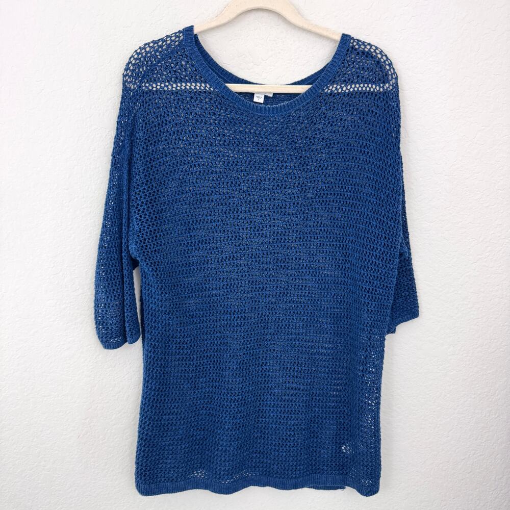 J. Jill Womens Open Knit Tunic Top Sweater Size L Linen Cotton Beachy Blue